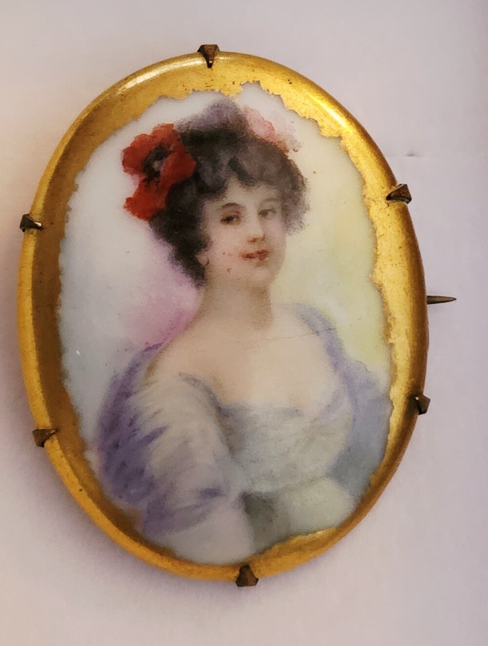 Antique Victorian Porcelain Portrait Brooch Pin Hand Painted Lady Poppy C-Clasp